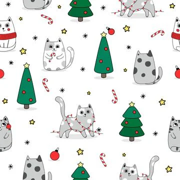 Seamless Pattern Winter Cute Cats, Cartoon Animals Background, Vector Stock Illustration