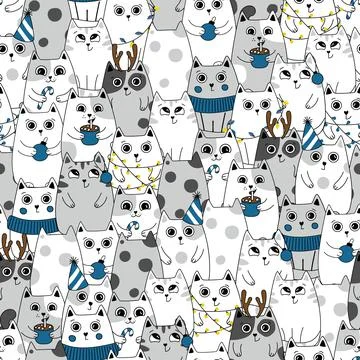 Seamless Pattern Winter Cute Cats, Cartoon Animals Background, Vector Stock Illustration