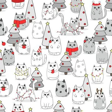 Seamless Pattern Winter Cute Cats, Cartoon Animals Background, Vector Stock Illustration