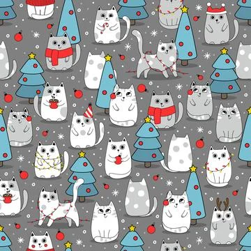 Seamless Pattern Winter Cute Cats, Cartoon Animals Background, Vector Stock Illustration