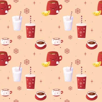 Seamless pattern winter drinks, mug, red. Tea, coffee, cocoa and lemon Stock Illustration