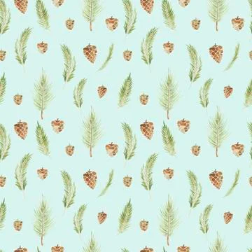 Seamless pattern of winter elements cones and branches on a blue background Stock Illustration