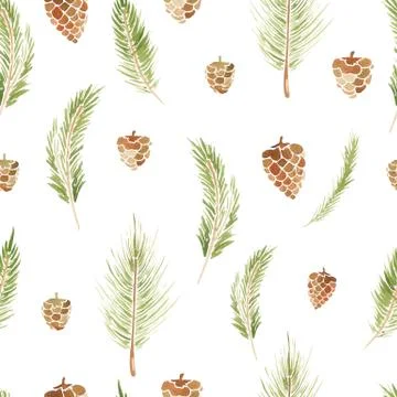 Seamless pattern of winter elements cones and branches on a white background Stock Illustration
