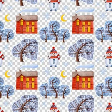 A seamless pattern with winter elements. Snow-covered trees, house, cute snowman Stock Illustration