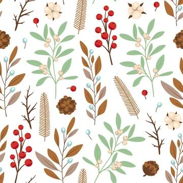 Seamless pattern with winter evergreen plants Stock Illustration