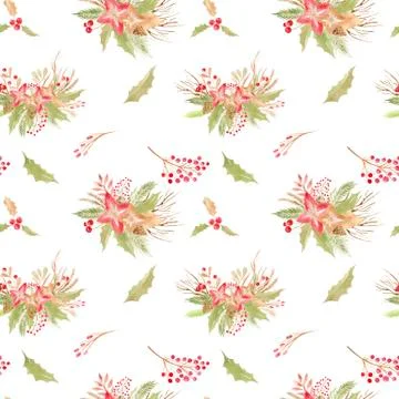 Seamless pattern of winter floral elements Christmas wedding bouquet berries Stock Illustration