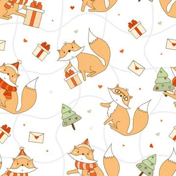 Seamless pattern with winter foxes. New Years animal in a Santa hat with a イラスト素材