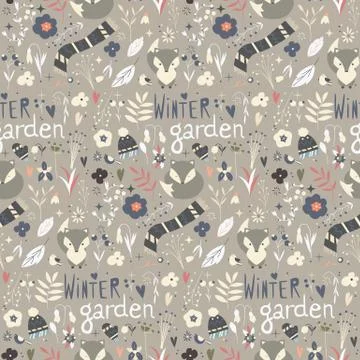 Seamless pattern with winter garden flowers, foxes and scarf, hat and mittens Stock Illustration