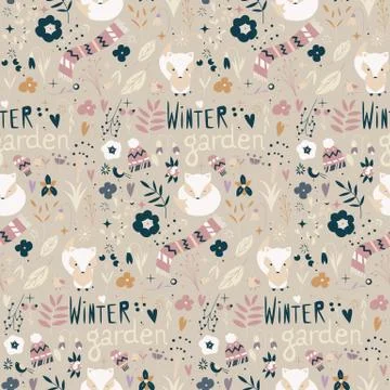 Seamless pattern with winter garden flowers, foxes and scarf, hat and mittens Stock Illustration