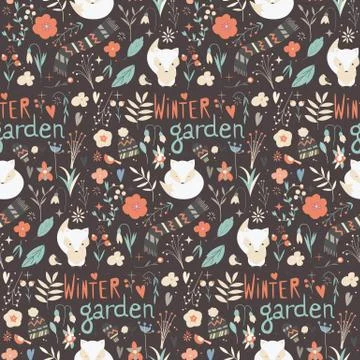 Seamless pattern with winter garden flowers, foxes and scarf, hat and mittens Stock Illustration