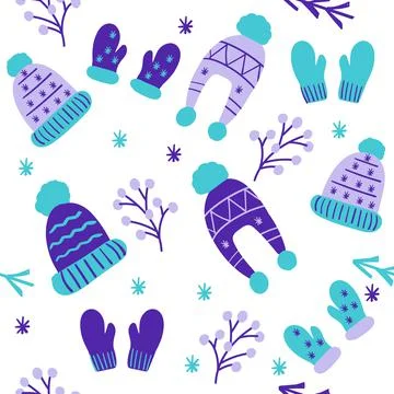Seamless pattern with winter hats and mittens. Vector Stock Illustration