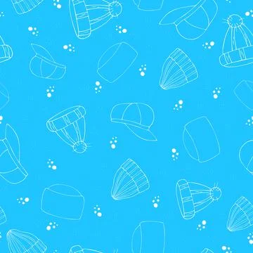 Seamless pattern of a winter hats. Pattern in the doodle style on a blue Stock Illustration