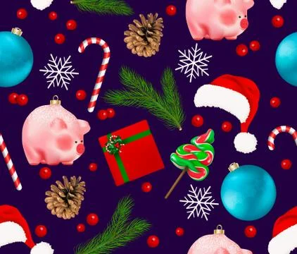 Seamless pattern with winter holiday decor. Set of Christmas Bauble, snowflak Stock Illustration