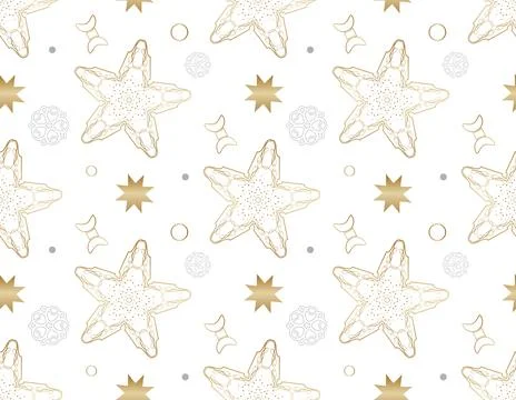 Seamless pattern for winter holidays. Festive white background with golden stars Stock Illustration