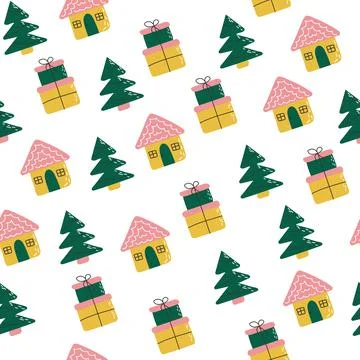 Seamless pattern with winter houses, trees and gifts. Creative christmas vector イラスト素材