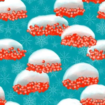 Seamless pattern of winter mountain ash in the snow on a blue background Stock Illustration