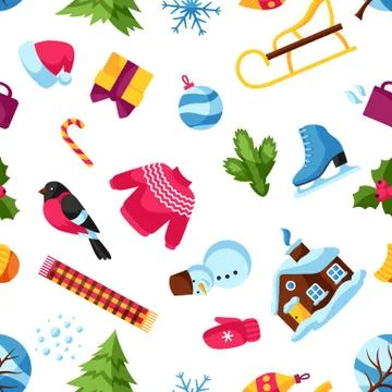Seamless pattern with winter objects. Merry Christmas, Happy New Year holiday Stock Illustration