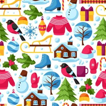 Seamless pattern with winter objects. Merry Christmas, Happy New Year holiday Stock Illustration