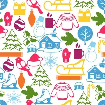 Seamless pattern with winter objects. Merry Christmas, Happy New Year holiday Stock Illustration