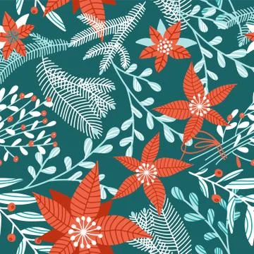 Seamless pattern with winter plants, flowers and berries. Merry Christmas Illustrazione stock