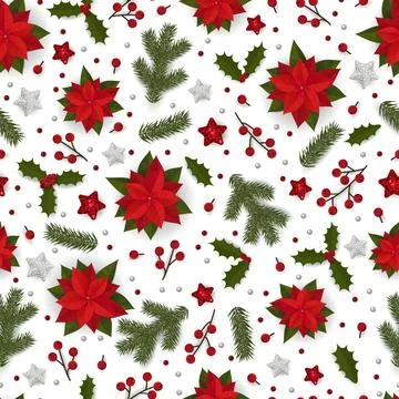 Seamless pattern of winter plants with holly berry, poinsettias, pine and cedar. Stock Illustration