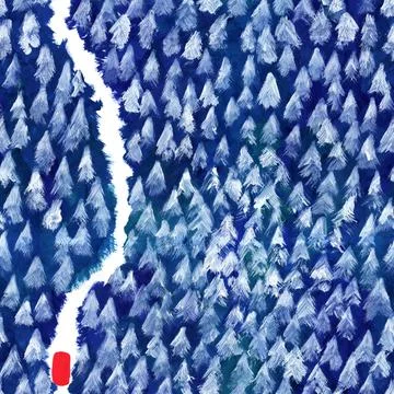 Seamless pattern winter road snow-covered forest red car rides Stock Illustration