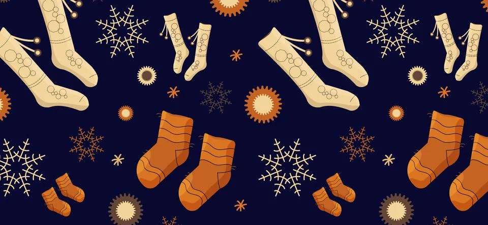 Seamless pattern with winter socks golfs and snowflakes. Orange color. Christ Stock Illustration