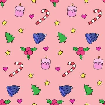 Seamless pattern in winter style, vector illustration. Colorful elements on pink Stock Illustration
