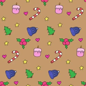 Seamless pattern in winter style, vector illustration. Colorful elements on Stock Illustration