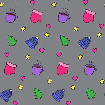 Seamless pattern in winter style, vector illustration. Colorful elements on grey Stock Illustration