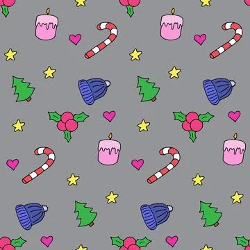 Seamless pattern in winter style, vector illustration. Colorful elements on grey 스톡 일러스트
