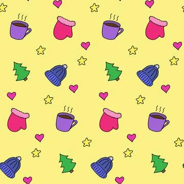 Seamless pattern in winter style, vector illustration. Colorful elements on yell Stock Illustration