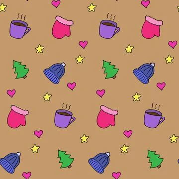 Seamless pattern in winter style, vector illustration. Colorful elements on brow Stock Illustration