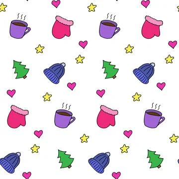 Seamless pattern in winter style, vector illustration. Colorful elements on Stock Illustration