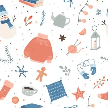 Seamless pattern with winter themed items like sweaters, mittens, candles, gi Stock Illustration