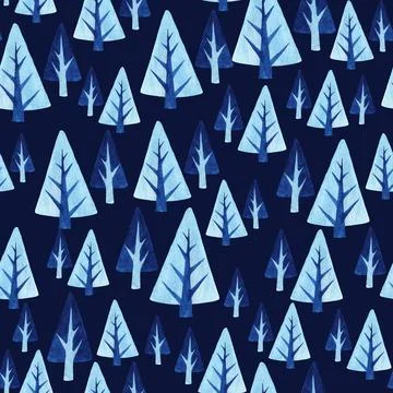 Seamless pattern with winter trees. Watercolor background with blue Christmas Stock Illustration