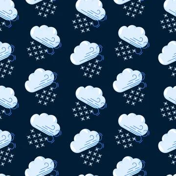 Seamless pattern with winter weather icon clouds, wind, and snowflakes. Design Stock Illustration