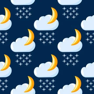 Seamless pattern with winter weather icon clouds, moon and snowflakes in cartoon Stock Illustration