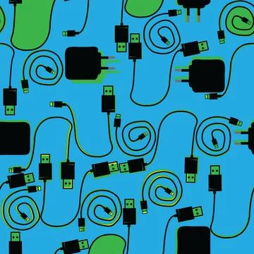 Seamless pattern with wires,charger and usbwith blue background Illustrazione stock