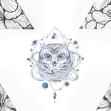 Seamless pattern of a wise owl and triangle in flowers on a white background. Stock Illustration