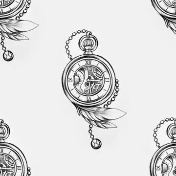 Seamless pattern of a wise owl and clock on a white background. Stock Illustration