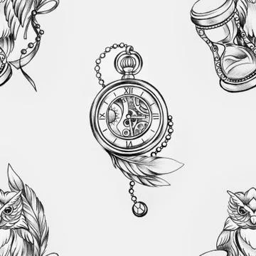 Seamless pattern of a wise owl and clock on a white background. Stock Illustration