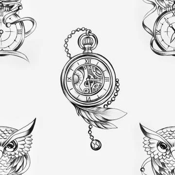 Seamless pattern of a wise owl and clock on a white background. Stock Illustration