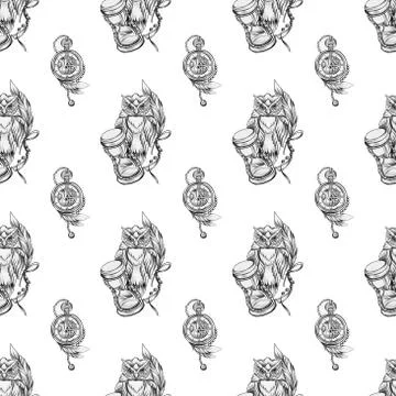 Seamless pattern of a wise owl and clock on a white background. Stock Illustration