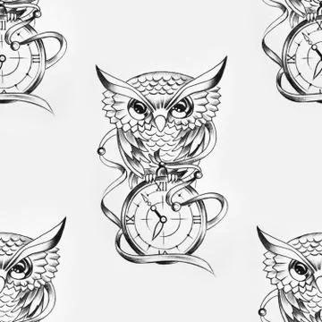 Seamless pattern of a wise owl with a clock on a white background. 스톡 일러스트