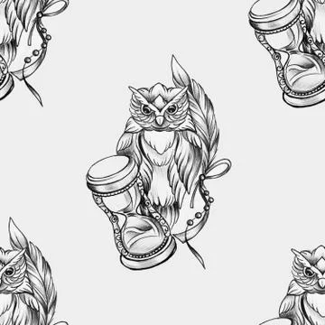 Seamless pattern of a wise owl with a clock on a white background. Stock Illustration