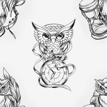 Seamless pattern of a wise owl with a clock on a white background. Stock Illustration