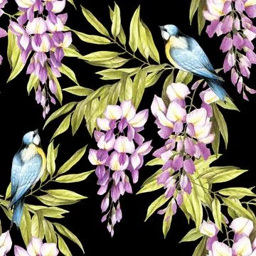 Seamless pattern with wisteria. Hand draw watercolor illustration Foto stock