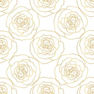 A seamless pattern wit rose flowers. A hand-drawn drawing. Golden contour. Stock Illustration