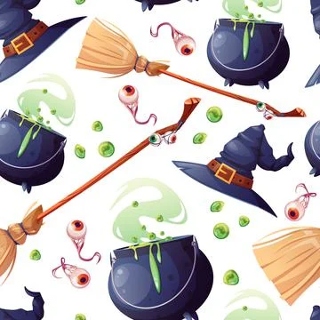 Seamless pattern with witch accessories. Cauldron, broom hat. Texture for Hal Stock Illustration
